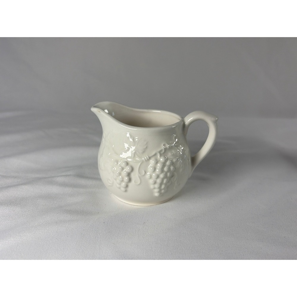 Vintage Enesco Japan White Ceramic Creamer Pitcher Embossed Grapes Harvest Leaf